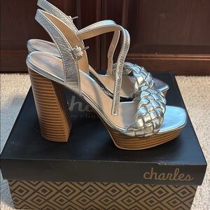 Charles David Silver Platform Heels with Braided Straps